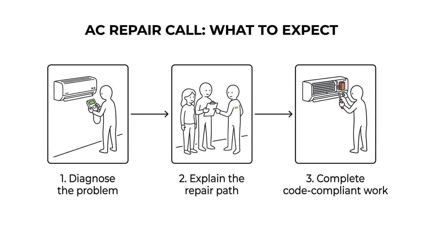 A step-by-step visual of an AC repair visit showing live response, technician arrival, system diagnosis, plain-language explanation, and repair guidance.