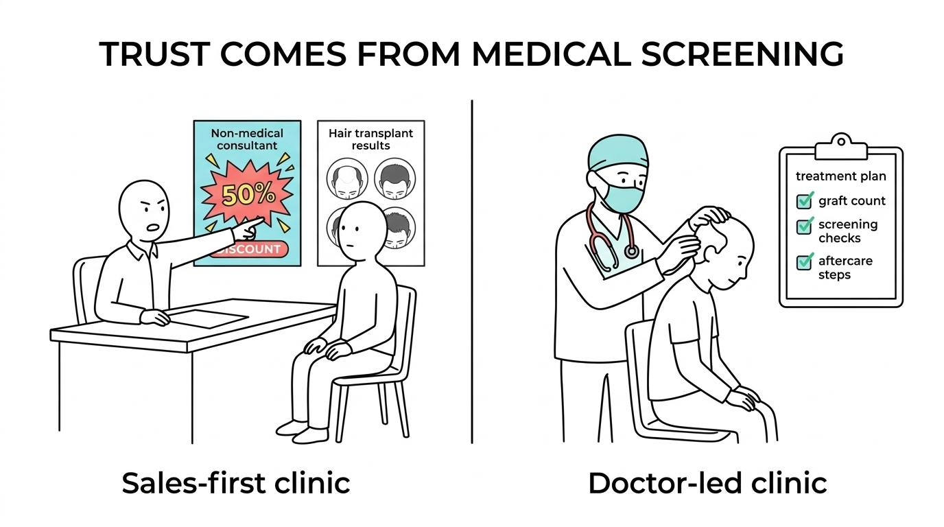 Side-by-side checklist comparing a trustworthy hair transplant clinic with a marketing-driven clinic.