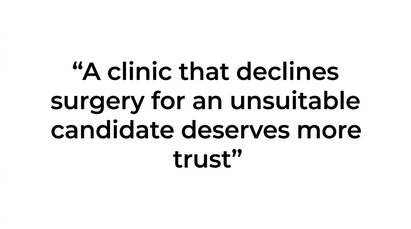 Quote graphic emphasizing that a clinic refusing unsuitable cases is often more trustworthy.