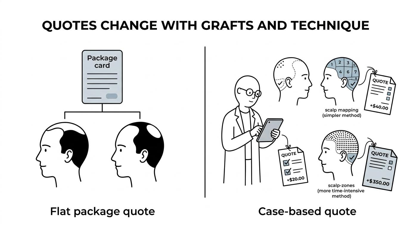 Side-by-side comparison of a smaller hairline transplant case and a larger baldness case showing different graft needs and price levels.