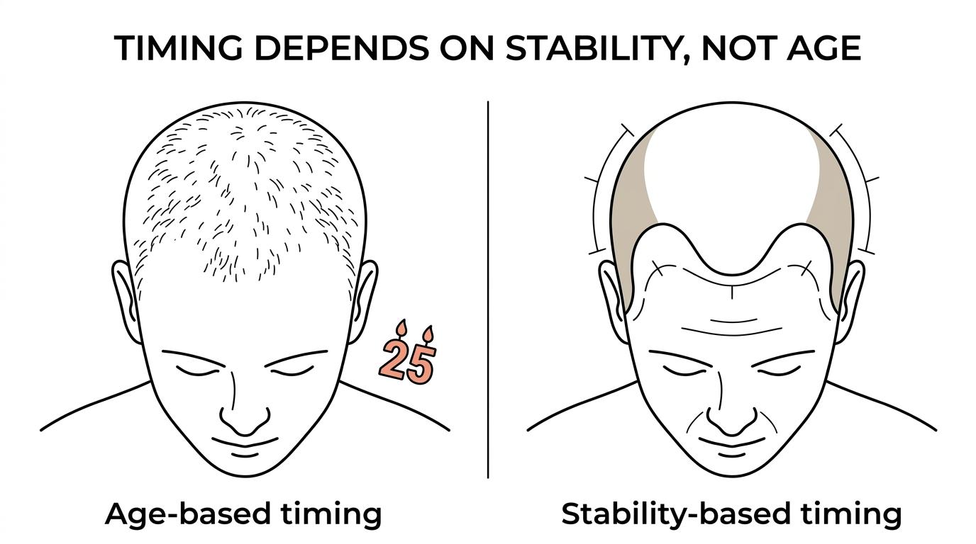 Side-by-side comparison showing a poorly timed hair transplant with ongoing hair loss versus a better-timed case with stable pattern and strong donor area.