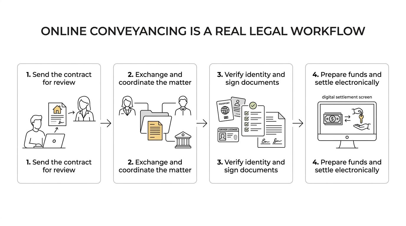Flow showing a NSW first home buyer’s online conveyancing steps from contract review and identity checks to lender coordination, duty, and electronic settlement.