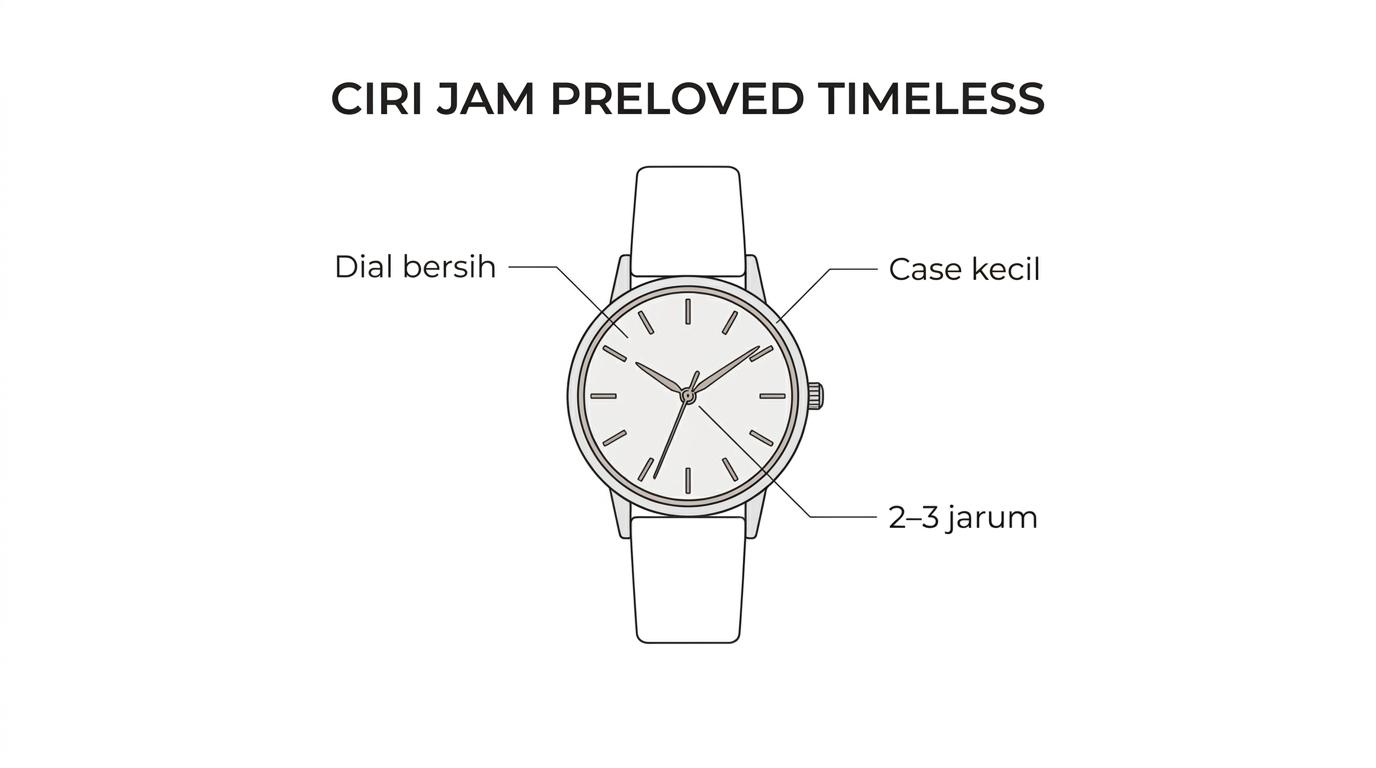Ilustrasi jam tangan wanita minimalis dengan label dial bersih, bezel tipis, case kecil, tiga jarum, dan strap proporsional.