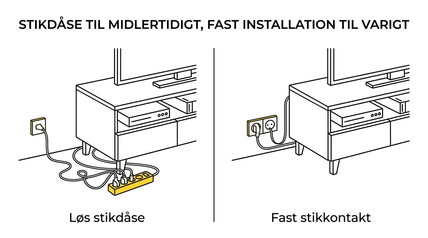 Sammenligning af en transportabel stikdåse til midlertidigt brug og en fast vægstikkontakt til permanent strømforsyning.