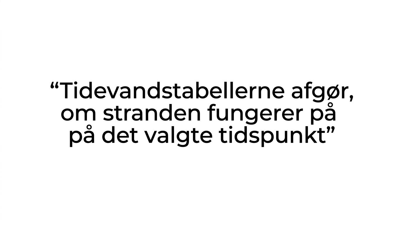 Fremhævet citat om, at DMI’s tidevandstabeller afgør, om stranden fungerer på det valgte tidspunkt.