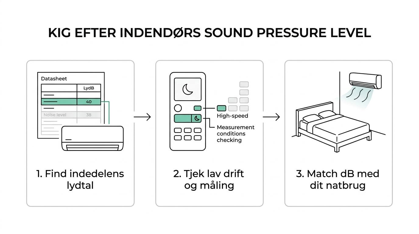 Tre trin til at læse et aircondition-datablad: find indendørs sound pressure level, tjek driftstilstand, og match dB(A) til natbrug.