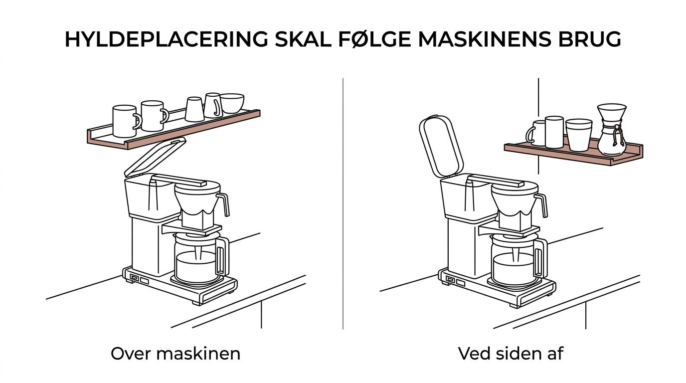 Side om side-visning af et lille kaffehjørne med en smal hylde over kaffemaskinen og en smal hylde ved siden af kaffemaskinen.