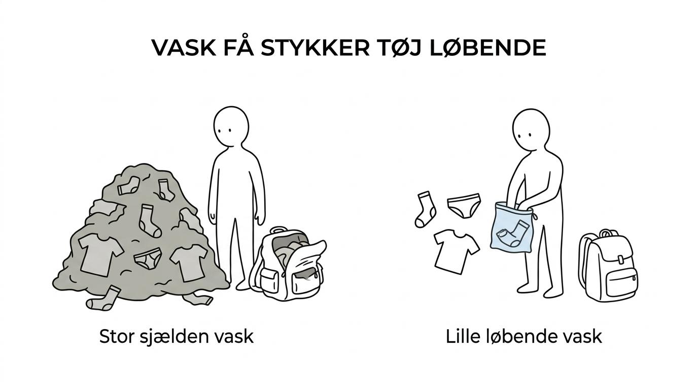 Sammenligning af to rejsesituationer: en tung taske med snavset tøj og afhængighed af vaskeri versus en let oppakning og en lille vaskepose til løbende håndvask.