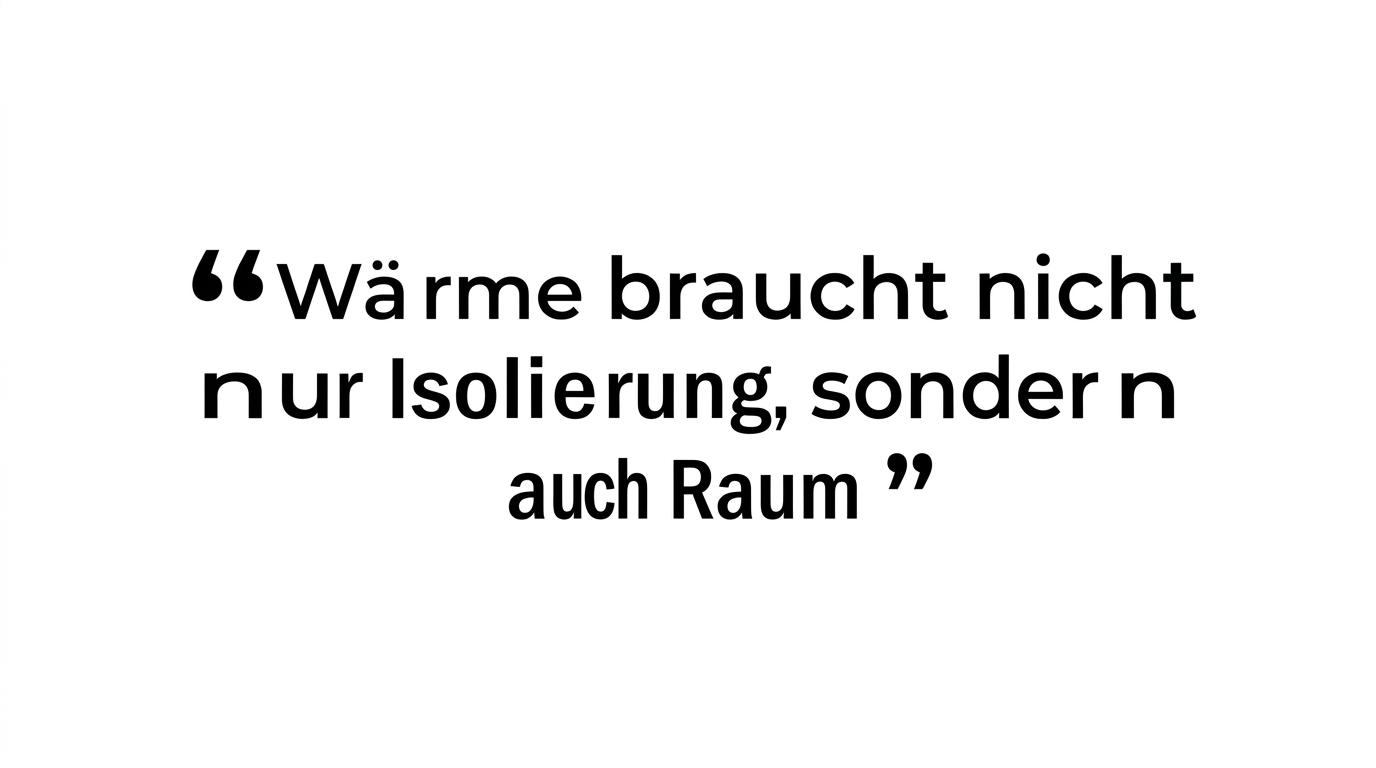 Quote card with the line 'Wärme braucht nicht nur Isolierung, sondern auch Raum.'