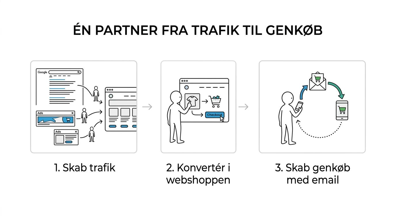 Trinvis kunderejse for en webshop fra trafik og tracking til konvertering, email-flows og genkøb.