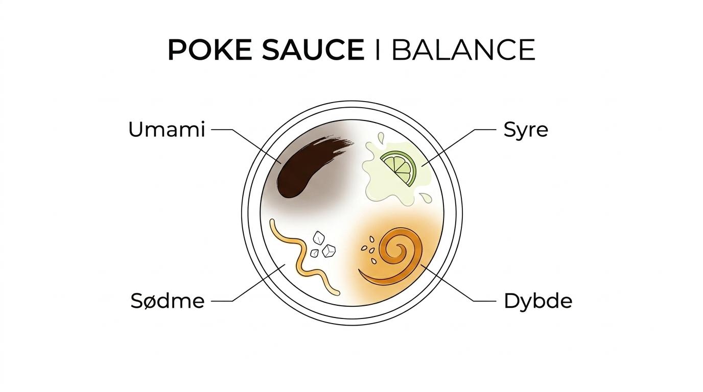 Labeled breakdown of a poke sauce showing shoyu, rice vinegar, lime, sesame oil, sweetener, ginger, garlic, spring onion and sesame seeds with their flavor roles.