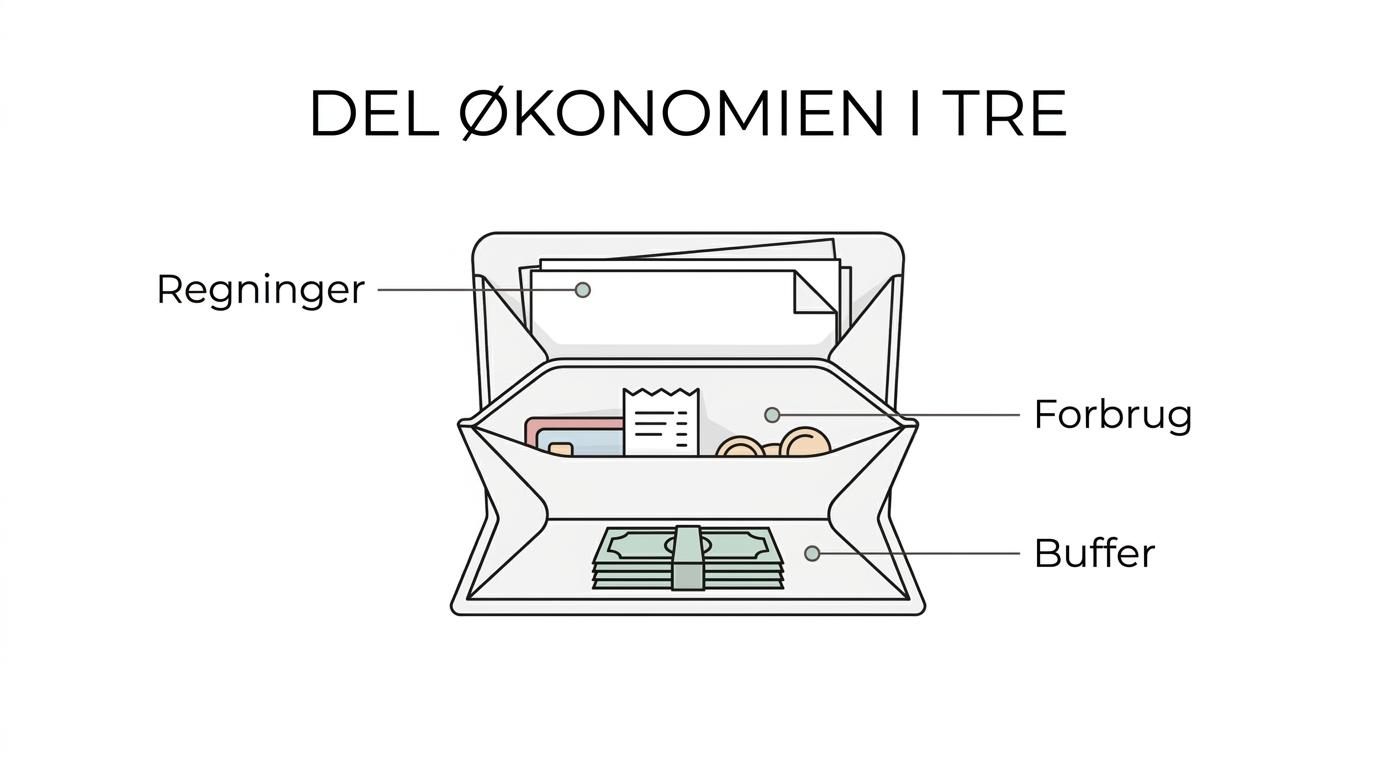 Diagram af en privatøkonomi opdelt i tre dele: faste udgifter, hverdagsforbrug og opsparingsbuffer.