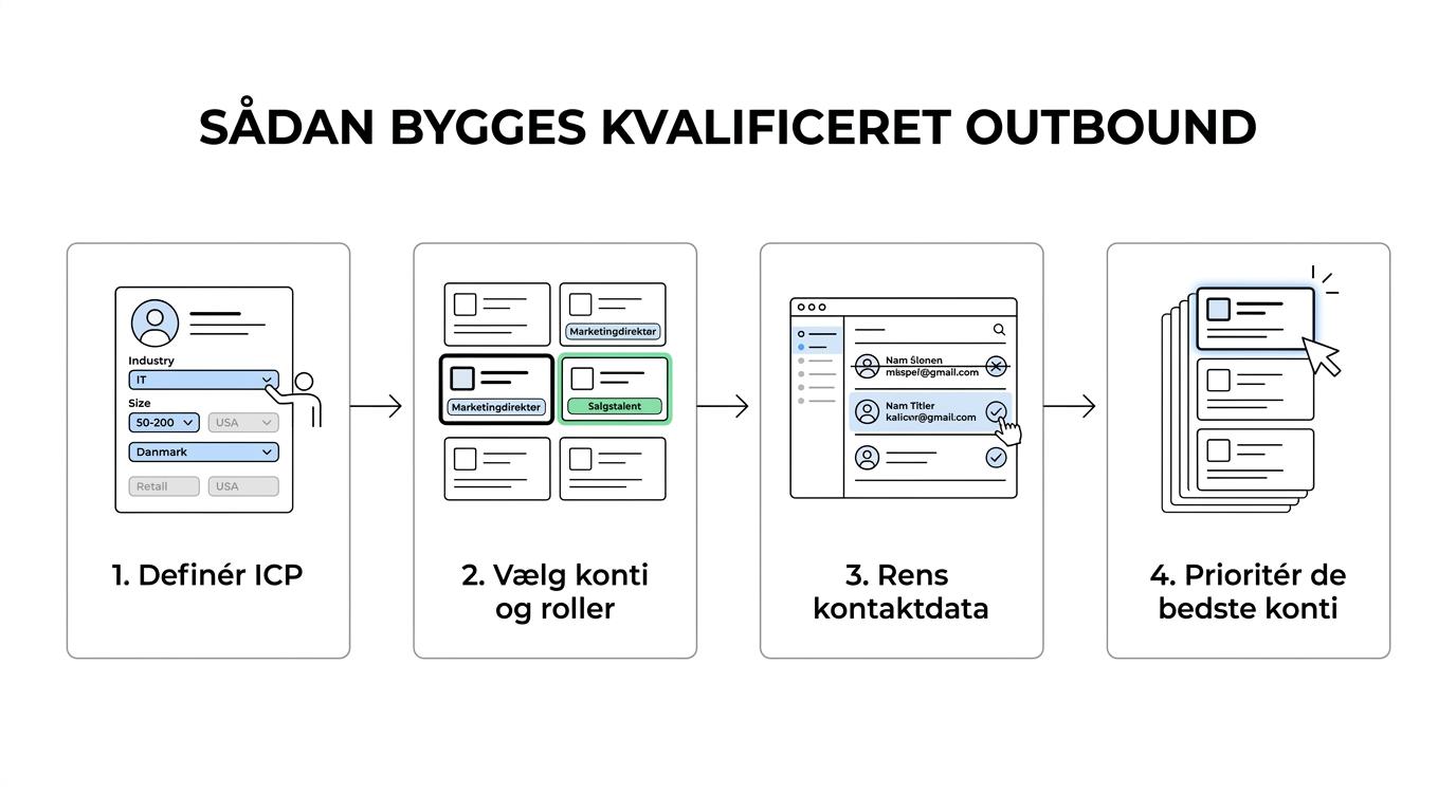 Flowchart showing B2B outbound steps from ICP and account selection to data quality, call script, qualification, booked meeting, and pipeline measurement.