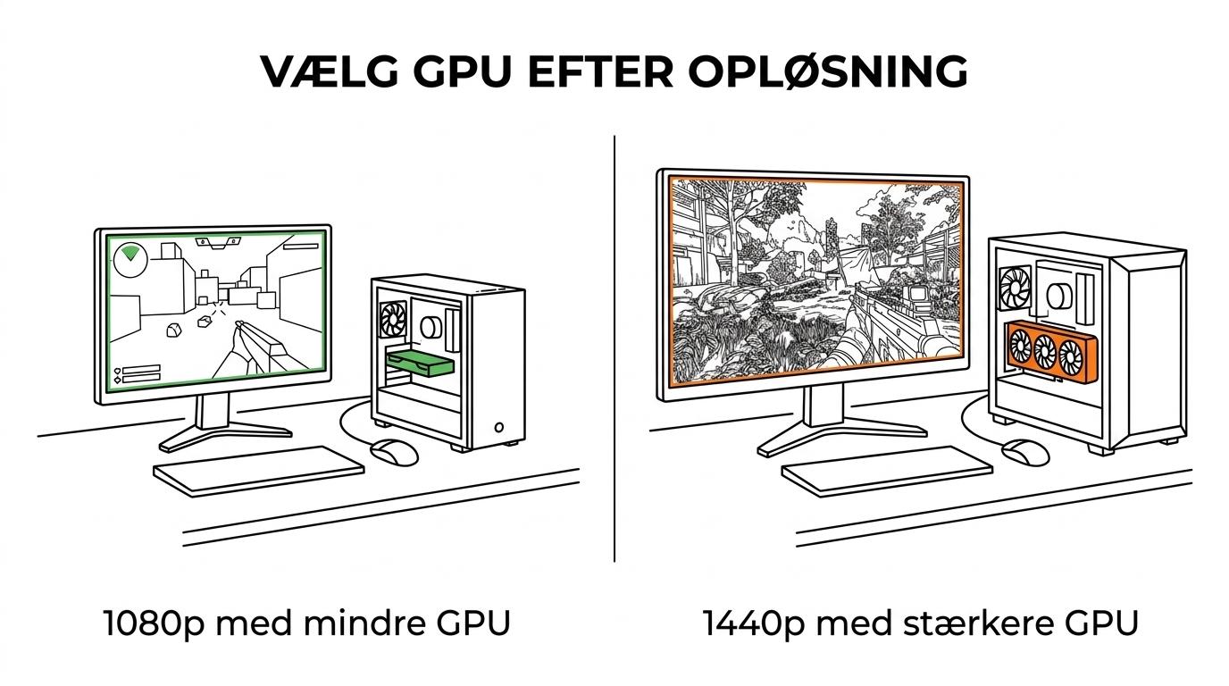 Sammenligning af 1080p og 1440p gaming med anbefalede RTX- og Radeon-kort samt deres vigtigste styrker.