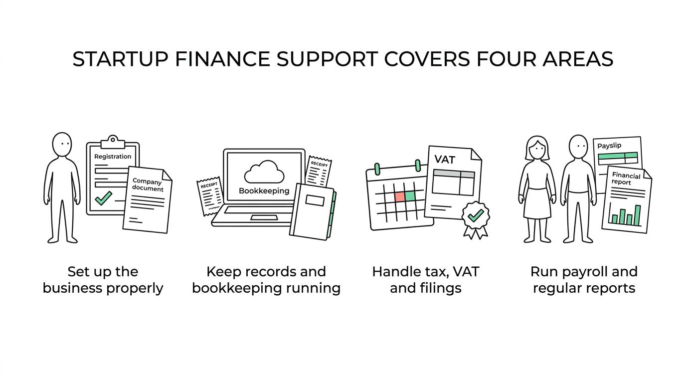 Four labeled startup accounting service areas: setup support, finance operations, tax and compliance, and payroll and reporting.
