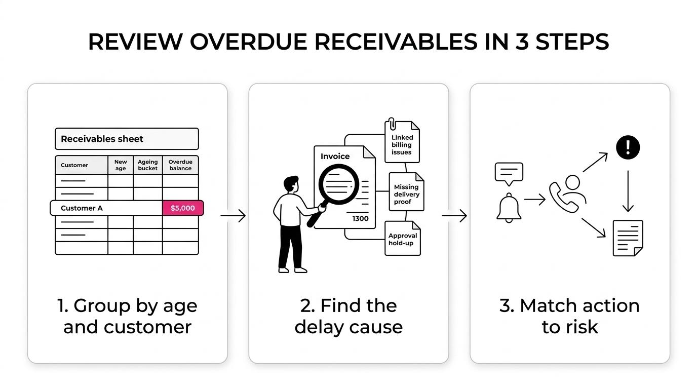Three-step workflow for reviewing receivables: segment invoices by age and customer, identify why they are late, then choose actions based on risk level.
