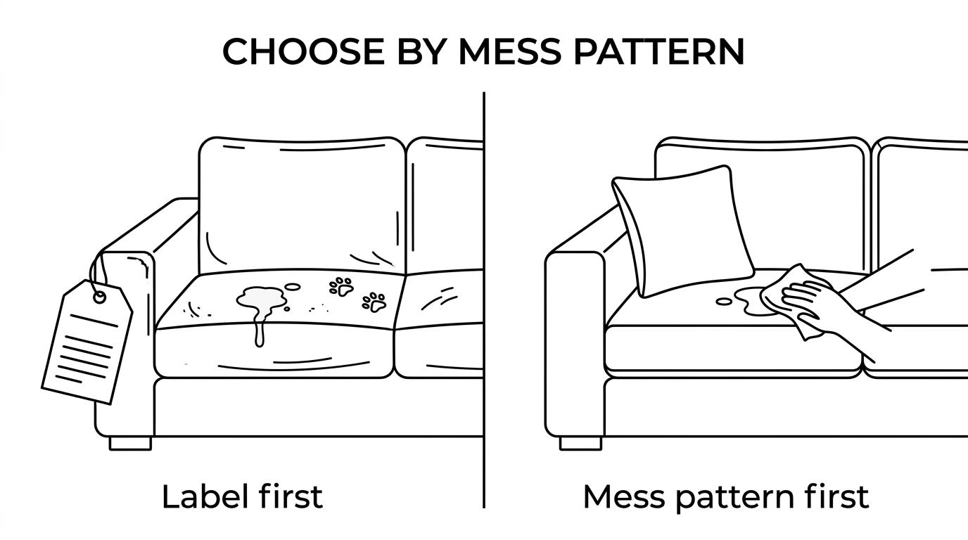 Side-by-side comparison of a leather sofa and a performance fabric sofa with notes on spills, scratches, comfort, and maintenance.