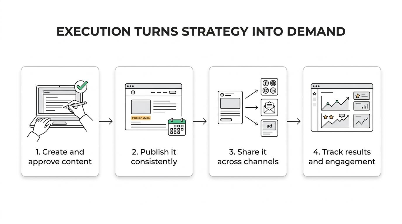 Flow diagram showing content strategy moving from business goals to format selection, creation and approval, publishing, sharing, and performance tracking.