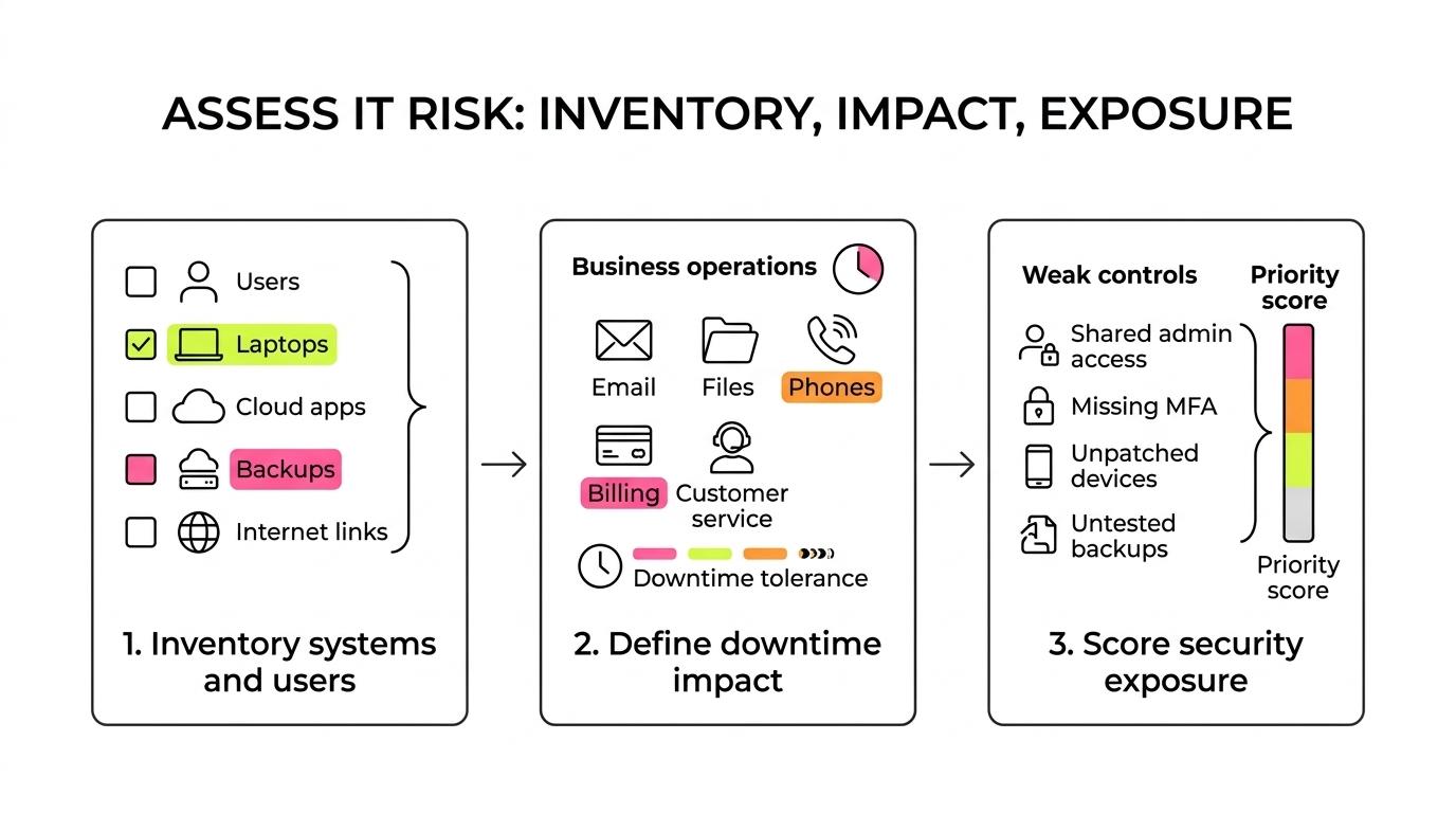 Three-step flow showing small business IT risk assessment: inventory systems, define business impact, and score security exposure.