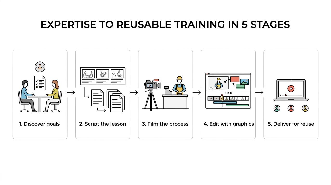 Five-stage training video workflow showing discovery, scripting, filming, post-production, and delivery.