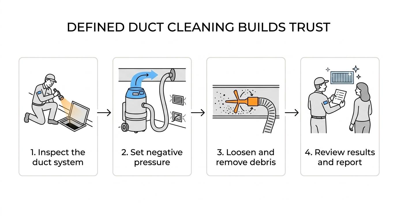 A four-step duct cleaning workflow showing pre-inspection, negative-pressure setup, agitation and extraction, and final inspection with report.