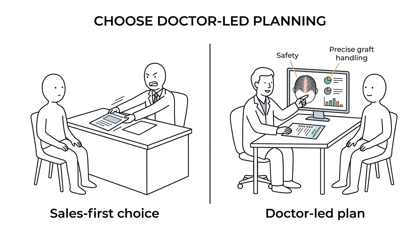 Side-by-side comparison of a price- or ad-driven hair transplant clinic choice versus a doctor-led clinic choice focused on evaluation, safety, treatment planning, and follow-up.