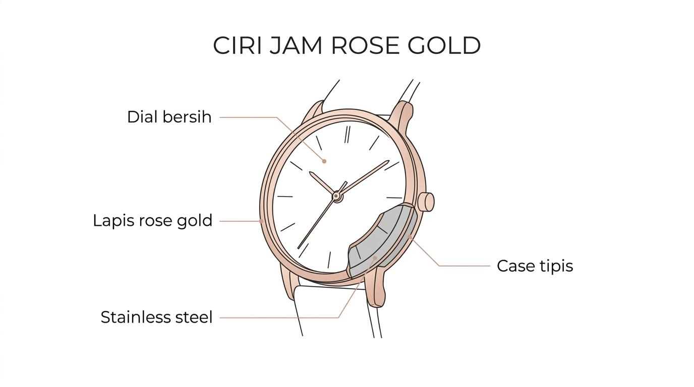 Labeled rose gold women’s watch showing the dial, case size, stainless steel case, rose gold-tone finishing, strap, and water-resistance details.