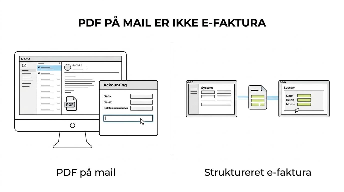 Sammenligning mellem en PDF-faktura sendt på mail og en struktureret e-faktura sendt via NemHandel eller Peppol med korrekte datafelter.