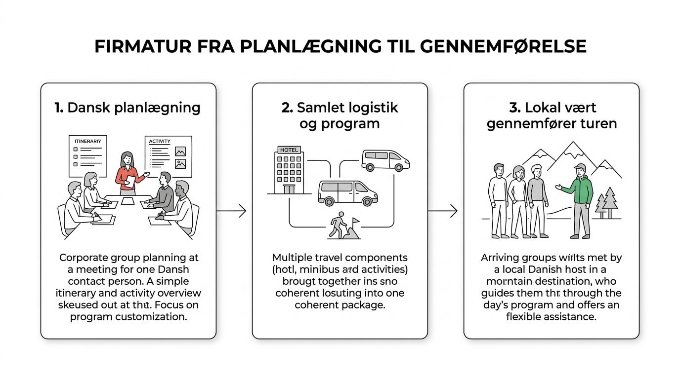 Procesvisual der viser firmaturens forløb fra dansk koordinering og programtilpasning før afrejse til ankomst i Frankrig med lokal dansk vært og løbende hjælp på destinationen.