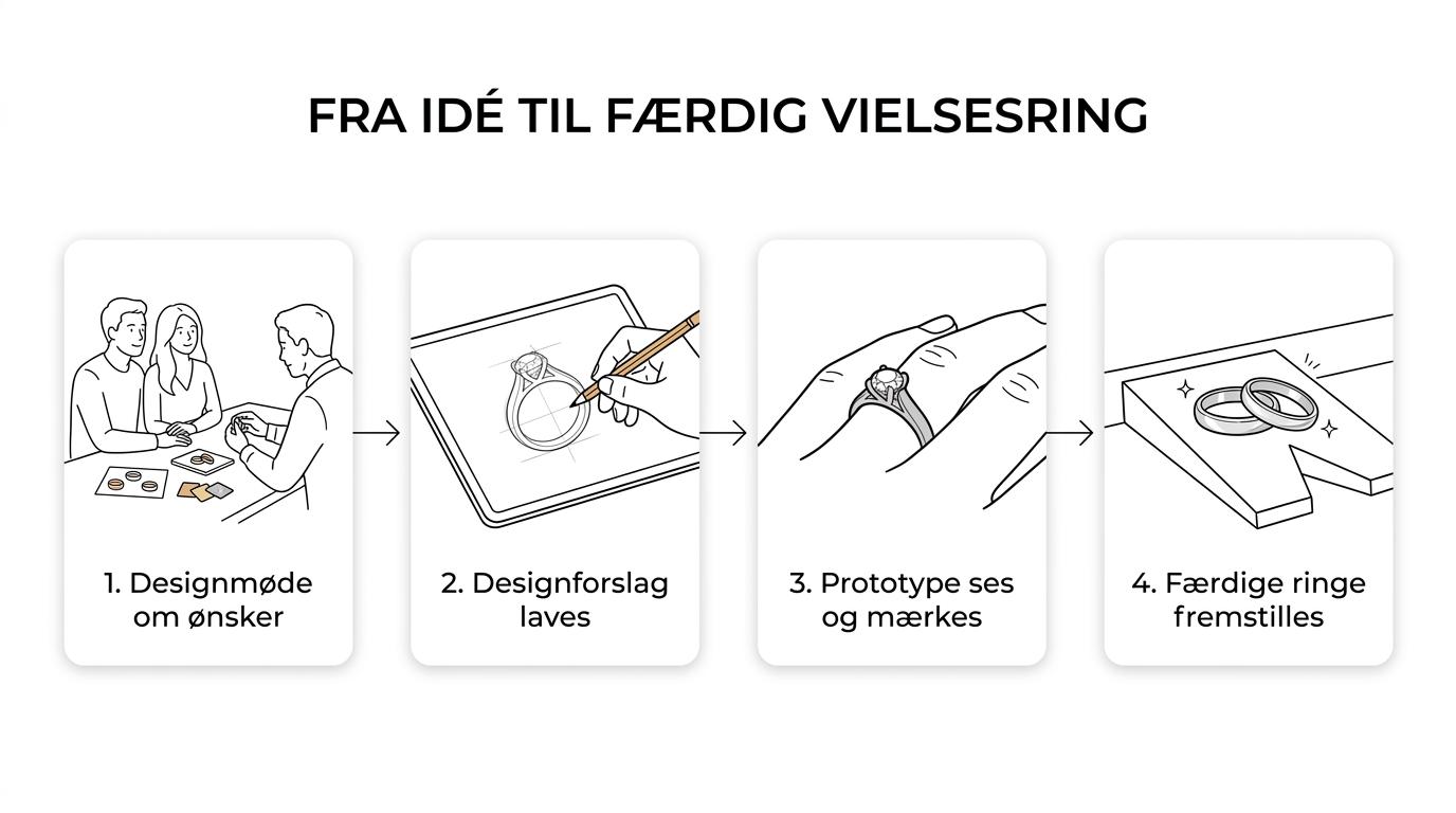 Proces fra designmøde til designforslag, gratis prototype og færdig håndlavet vielsesring.