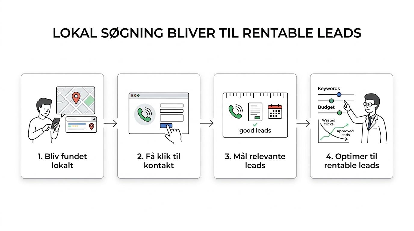 Flowdiagram fra lokal søgning og annonceklik til landingsside, kontakt, opfølgning og målbare leads.