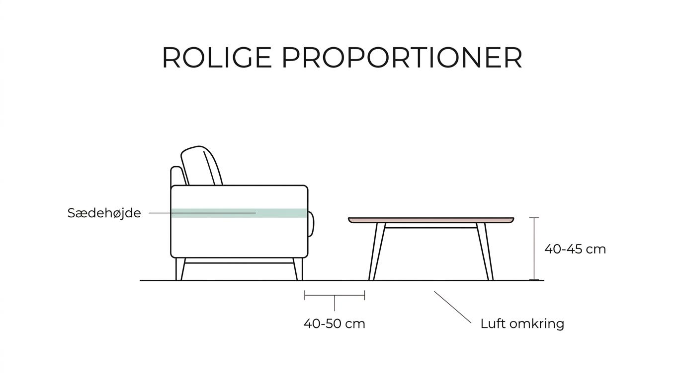 Mærket stueopsætning med sofa, lavt sofabord og angivet afstand mellem sofa og bord.