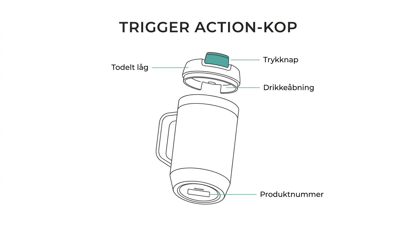 Labeled Stanley Trigger Action termokop showing the push-button lid, drinking opening, two-piece lid parts, stainless steel body, and product number on the underside.
