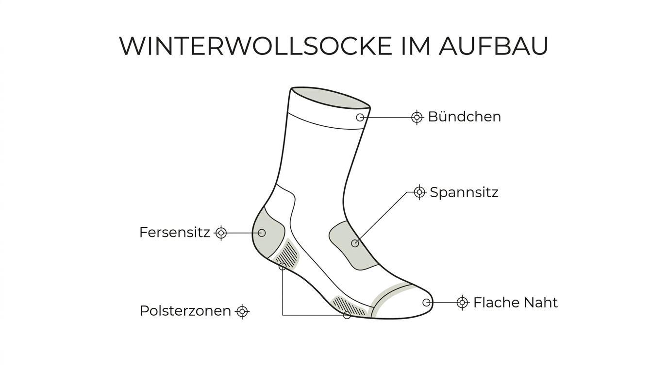 Beschriftete Wollsocke mit markierten Zonen für Ferse, Spann, Zehen, Polsterung, Bündchen und Materialmix.