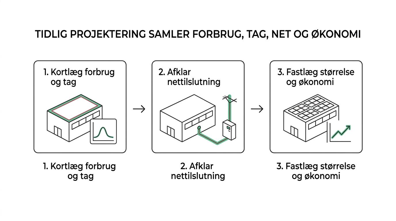 Flow over et erhvervssolcelleprojekt fra forbrugsanalyse og tagvurdering til dimensionering, økonomi, montering og nettilslutning.