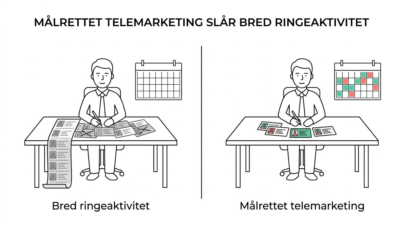 Sammenligning mellem klassisk bred telemarketing og en målrettet B2B-tilgang med fokus på beslutningstagere, relevans og kvalificerede møder.