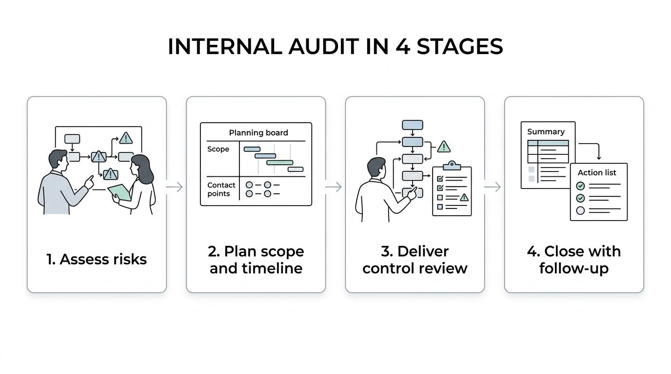 Four-stage internal audit process showing Assess, Plan, Deliver, and Close.