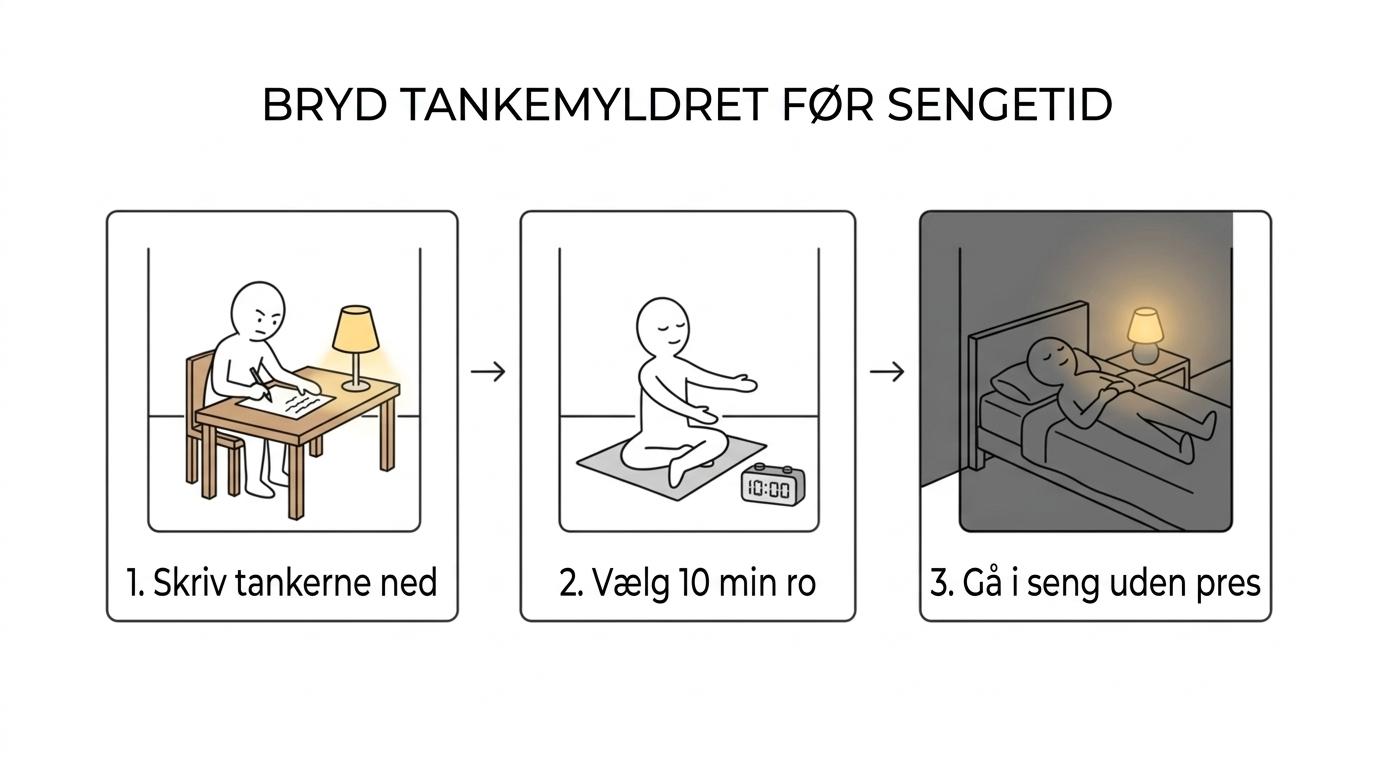 Tre trin mod tankemylder om aftenen: skriv tanker ned, vælg én rolig aktivitet, og gå i seng uden at presse søvnen frem.