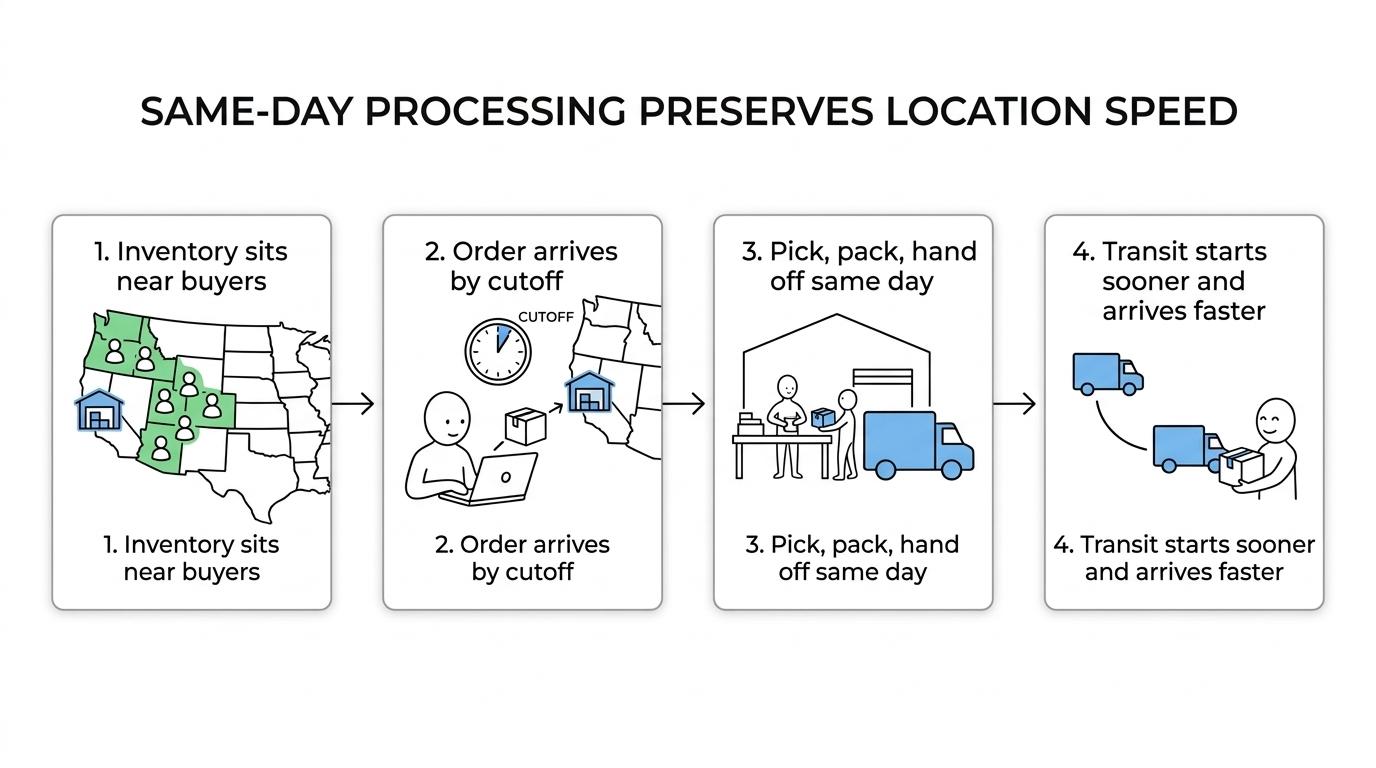 Timeline showing an ecommerce order placed before cutoff leaving the warehouse the same day versus after cutoff leaving the next day, resulting in faster or slower delivery from the same origin.
