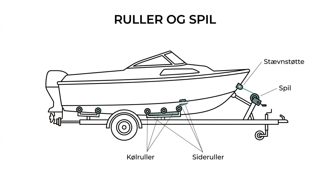 Boat on a trailer with labeled keel rollers, side rollers, bow support, winch strap, bow eye, and tie-down points.