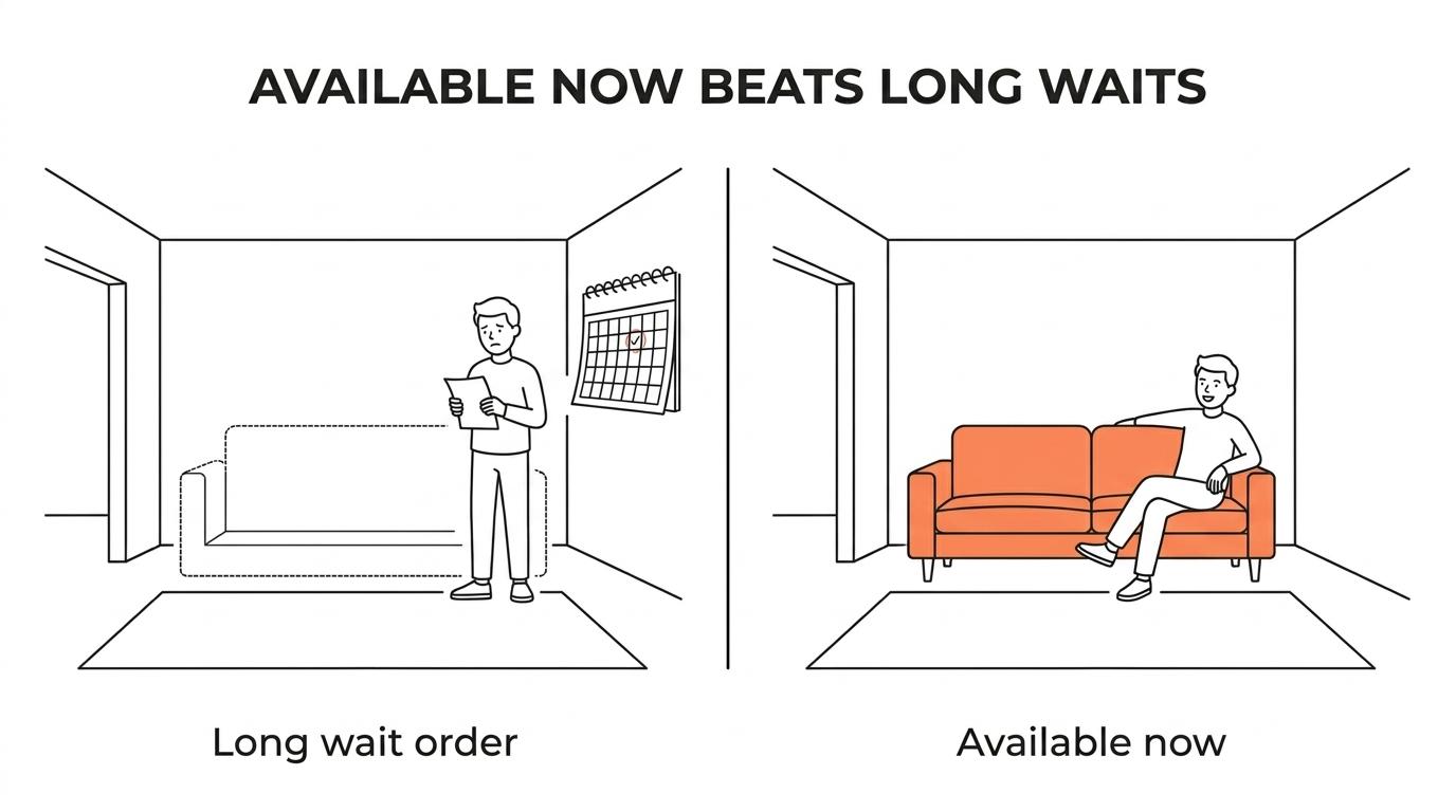 Side-by-side comparison of liquidation warehouse furniture shopping and traditional showroom ordering, showing in-stock one-of-one pieces, faster pickup or delivery, and lower pricing versus custom-order wait times.