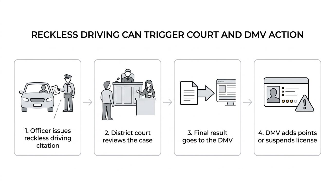 Flowchart showing a reckless driving case moving from traffic stop and citation to court date, prosecutor review, district court outcomes, and DMV points or suspension.