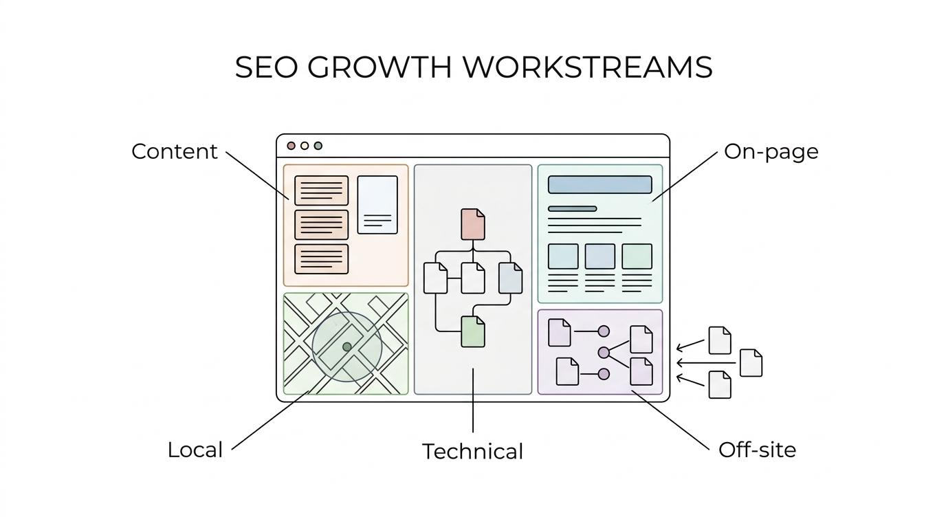 Diagram showing an SEO campaign broken into five connected parts: content creation, on-page optimization, technical SEO, local organic strategy, and off-site efforts.