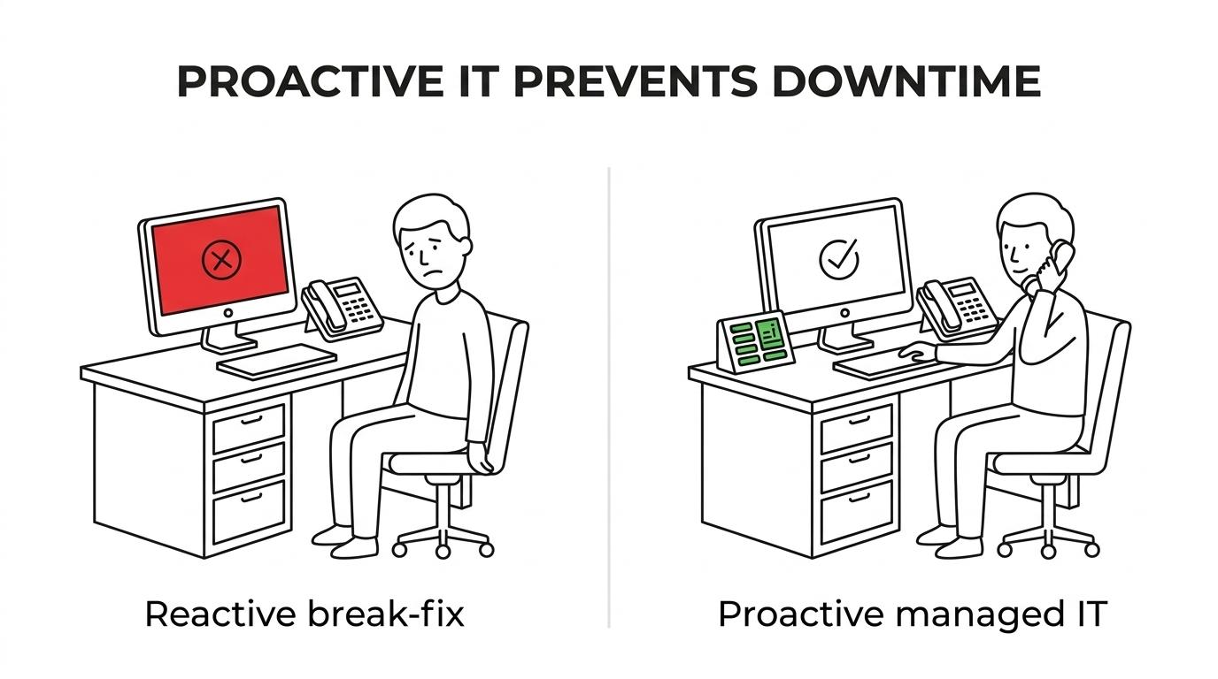 Side-by-side comparison of reactive break-fix IT support versus proactive managed IT with monitoring, planning, and predictable monthly service.