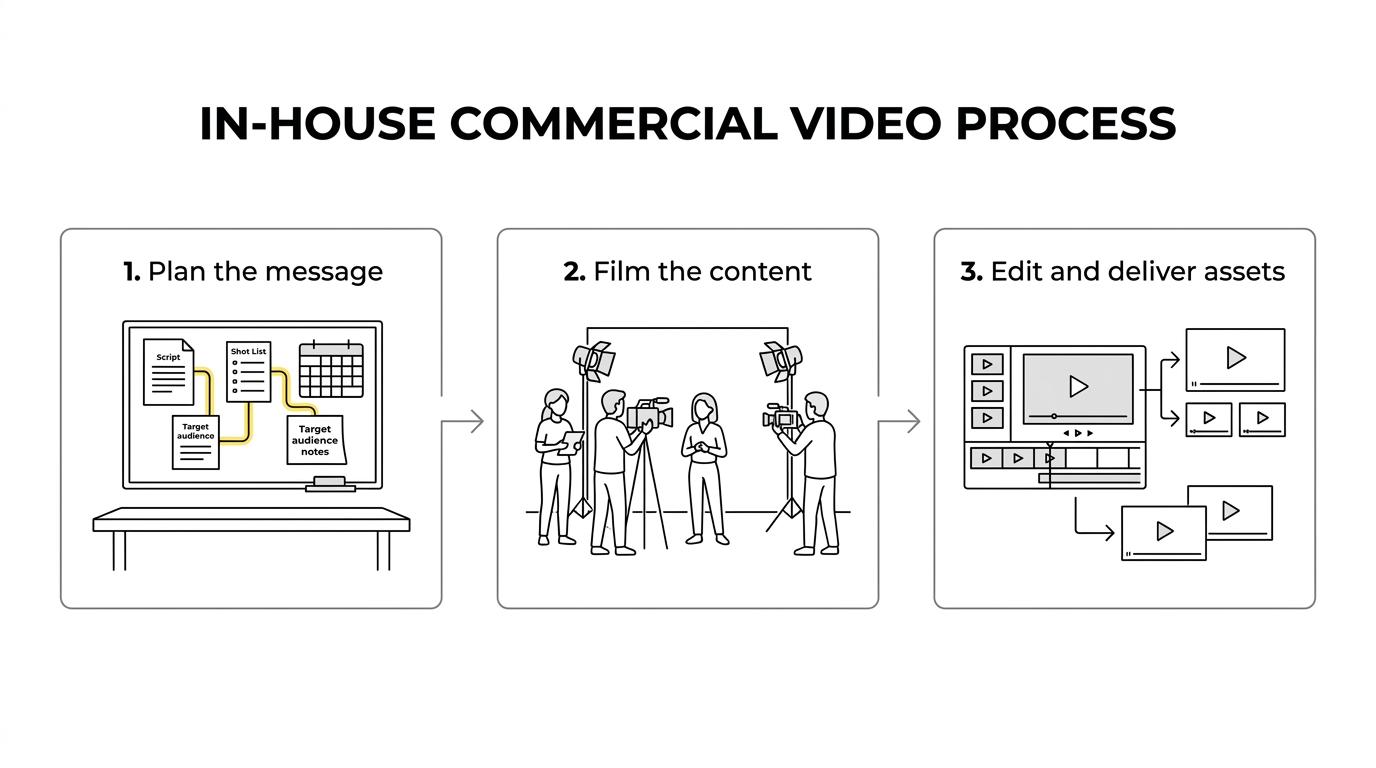 Flow showing pre-production, filming, post-production, and delivery of multiple commercial video assets.