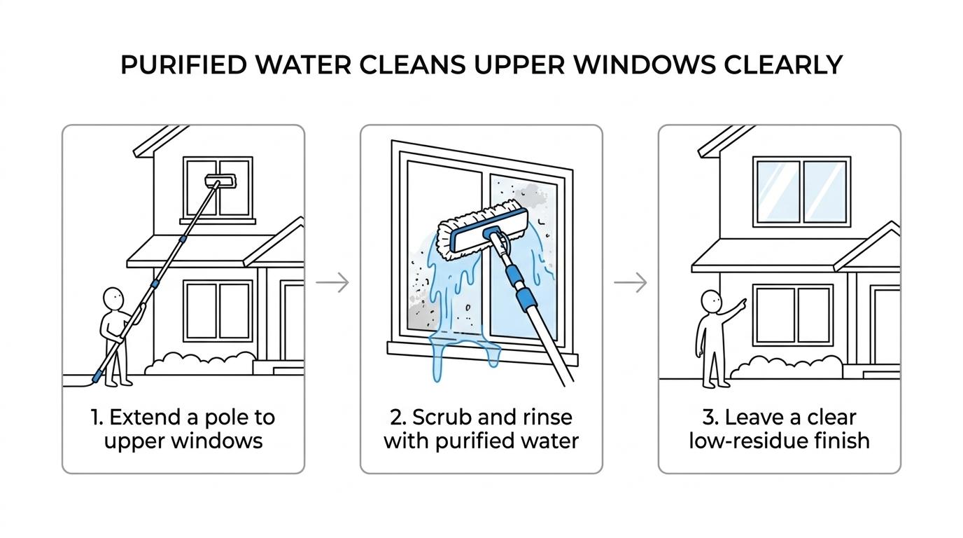Elevation Power Washing Window Cleaning in Aiken SC 1 Step-by-step view of exterior window cleaning using purified water, a long pole, and a microfiber brush on upper home windows, ending with clear glass.