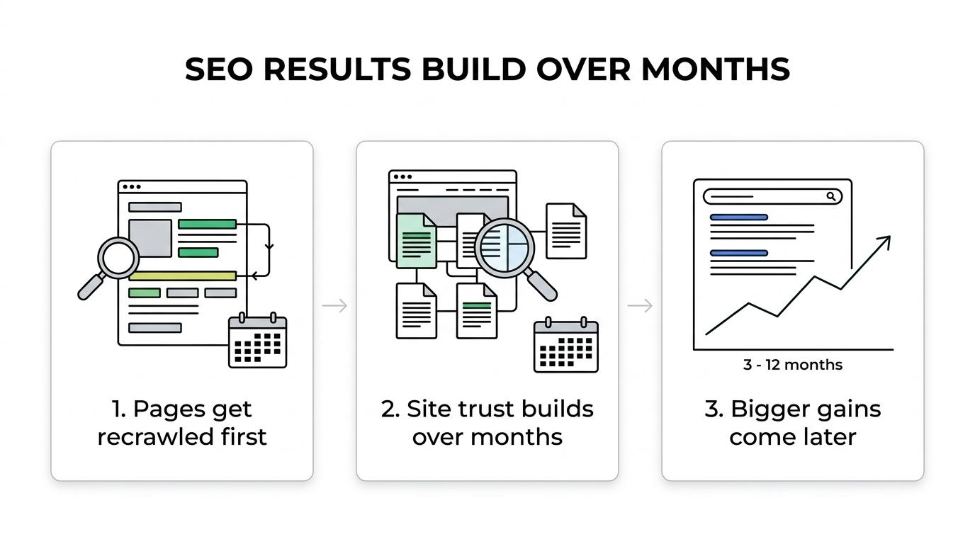 Three-stage SEO timeline showing indexing and recrawling, site-wide reassessment for helpful content, and competitive gains over several months.