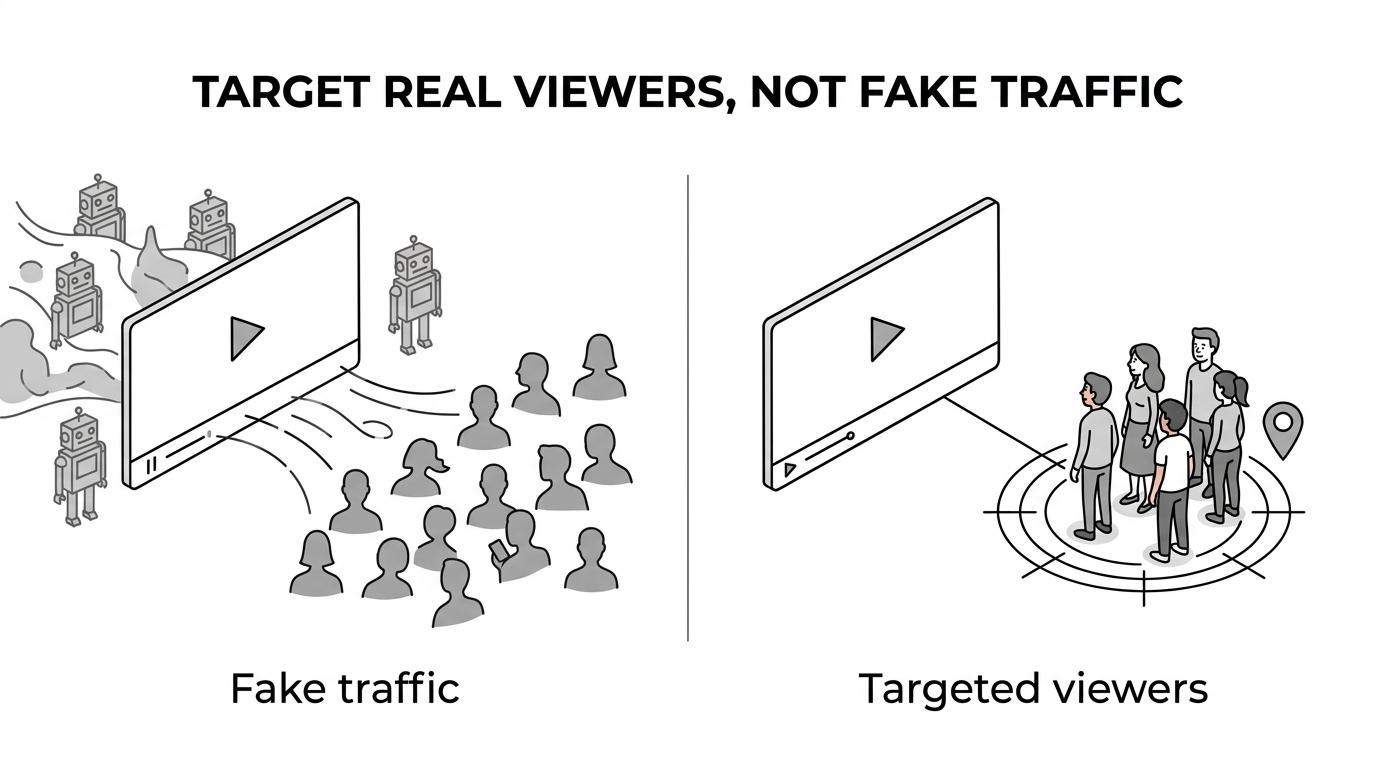 Side-by-side comparison of official Google Ads YouTube promotion with targeted real viewers versus bot-driven traffic with fake views and no targeting.