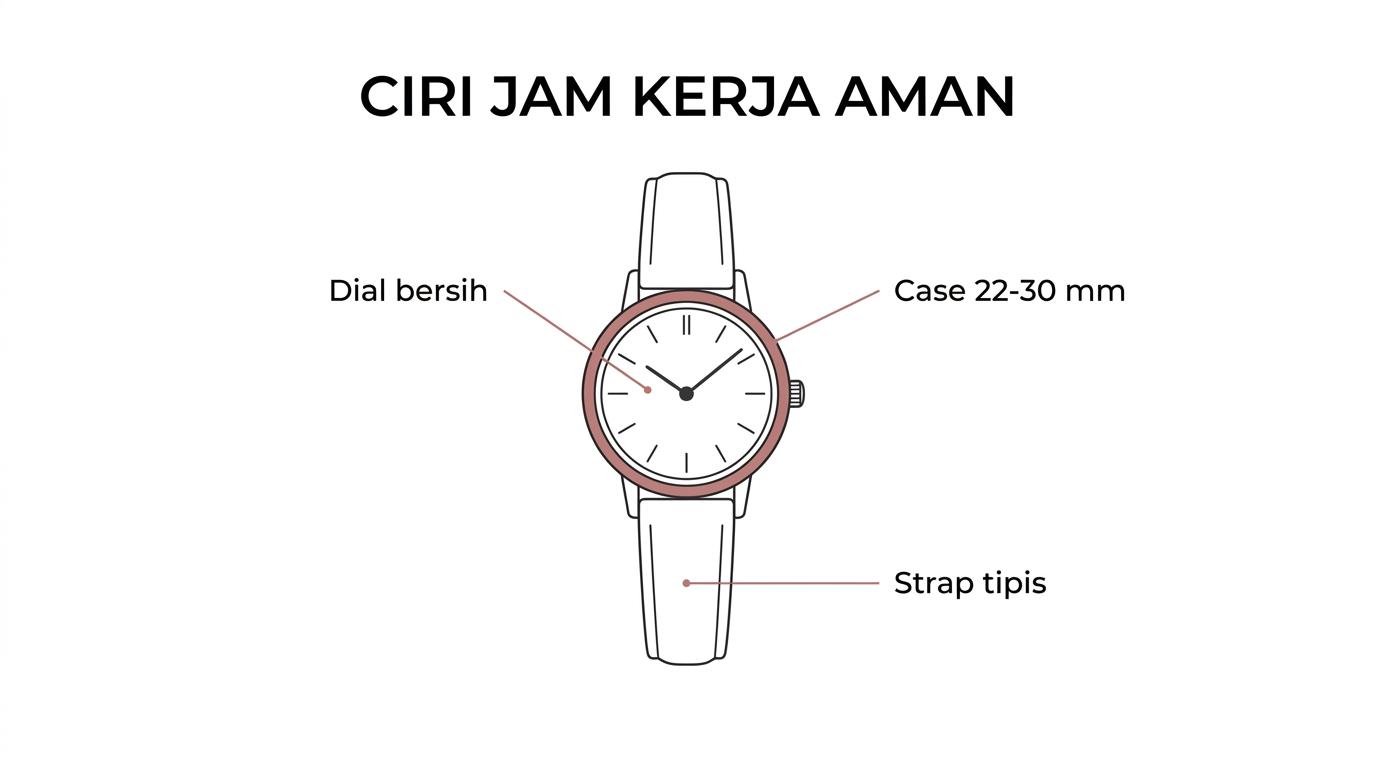 Ilustrasi jam tangan wanita klasik dengan label pada dial bersih, ukuran case kecil-sedang, case tipis, lug halus, dan strap ramping berwarna netral.