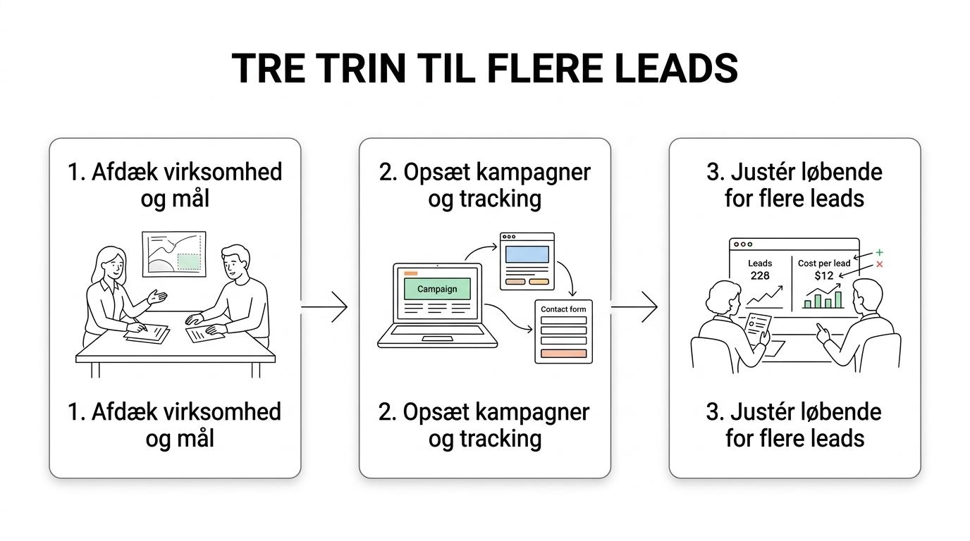 Tre trin i Væksters proces: afdækning og mål, opsætning og lancering, samt løbende optimering.